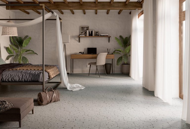 Tendance déco carrelage Terrazzo hexagonal en grès cérame