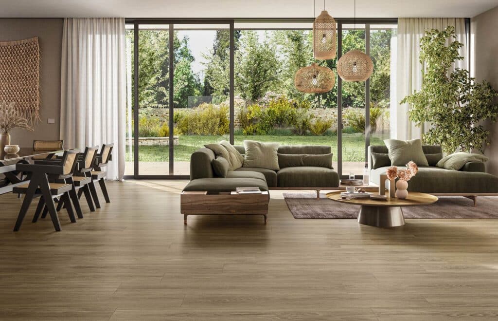 Carrelage grès cérame de qualité aspect parquet salon séjour Vallée Cedro