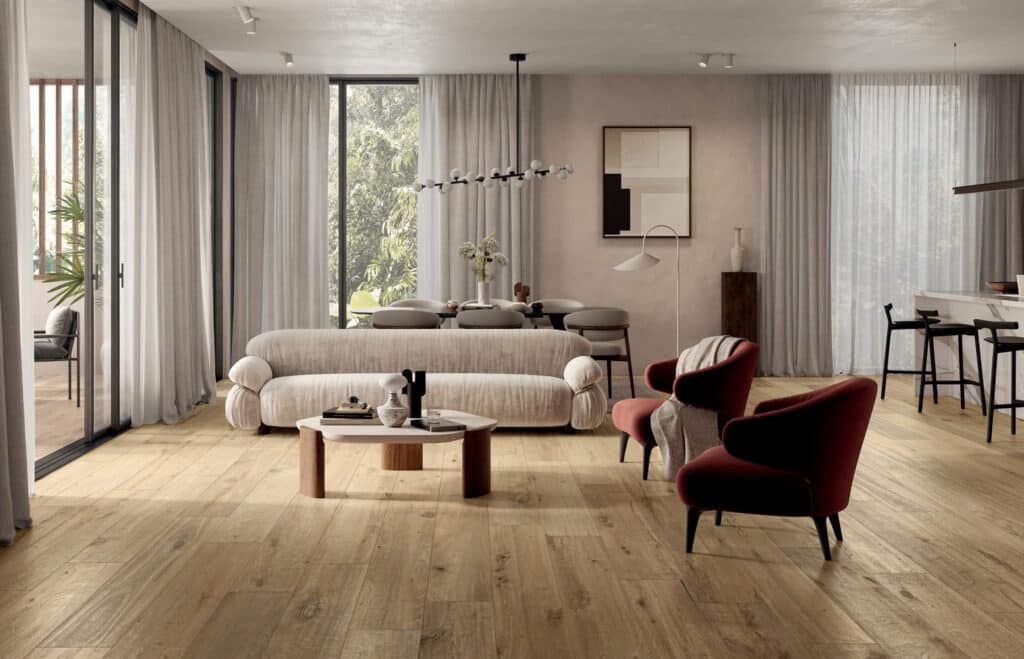 Carrelage aspect parquet bois chêne ultra réaliste pour intérieur et extérieur sol et mur Horizon Hazelnut